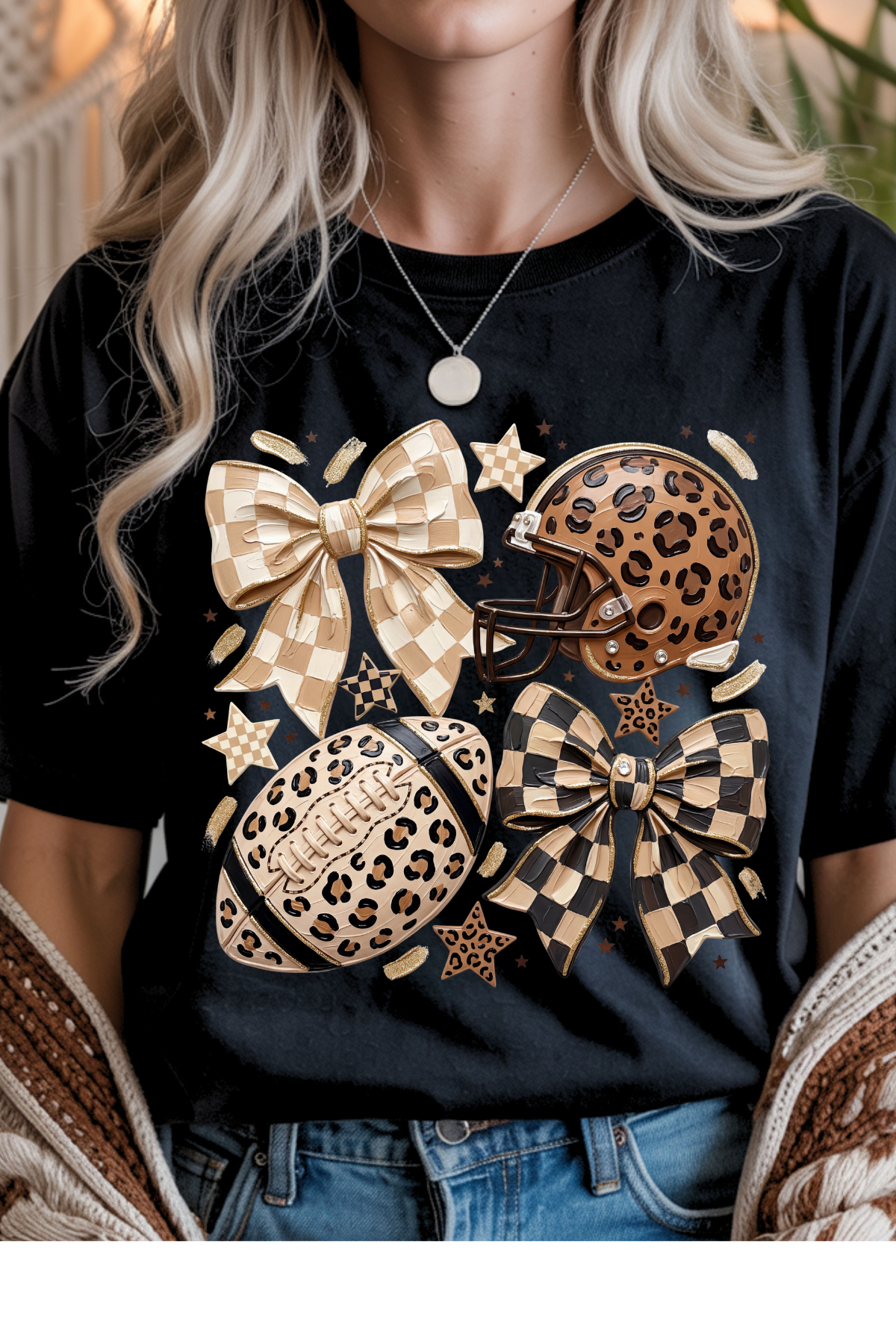 (8-3-26)Leopard Checkered Football Graphic Tee