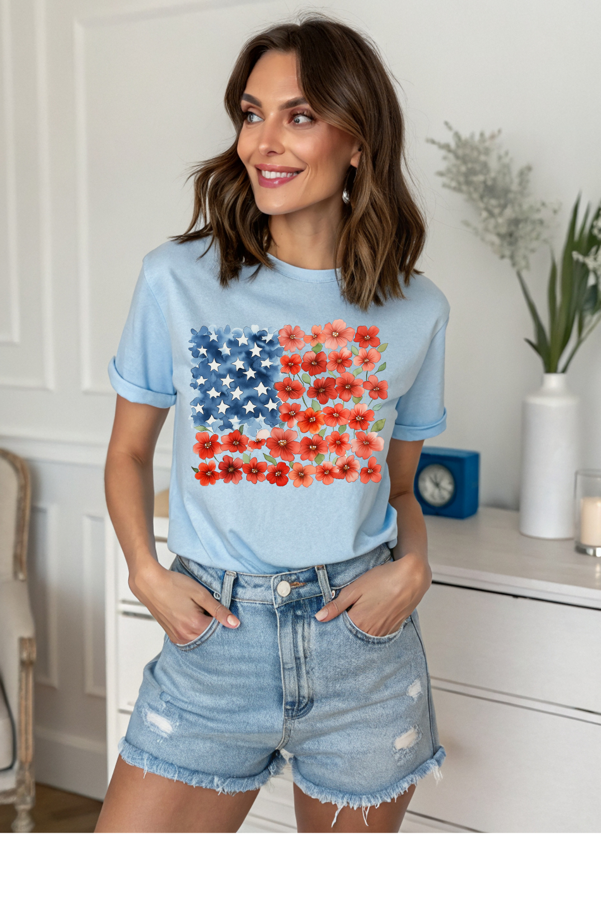 (6-1-26)Floral Flag Graphic Tee