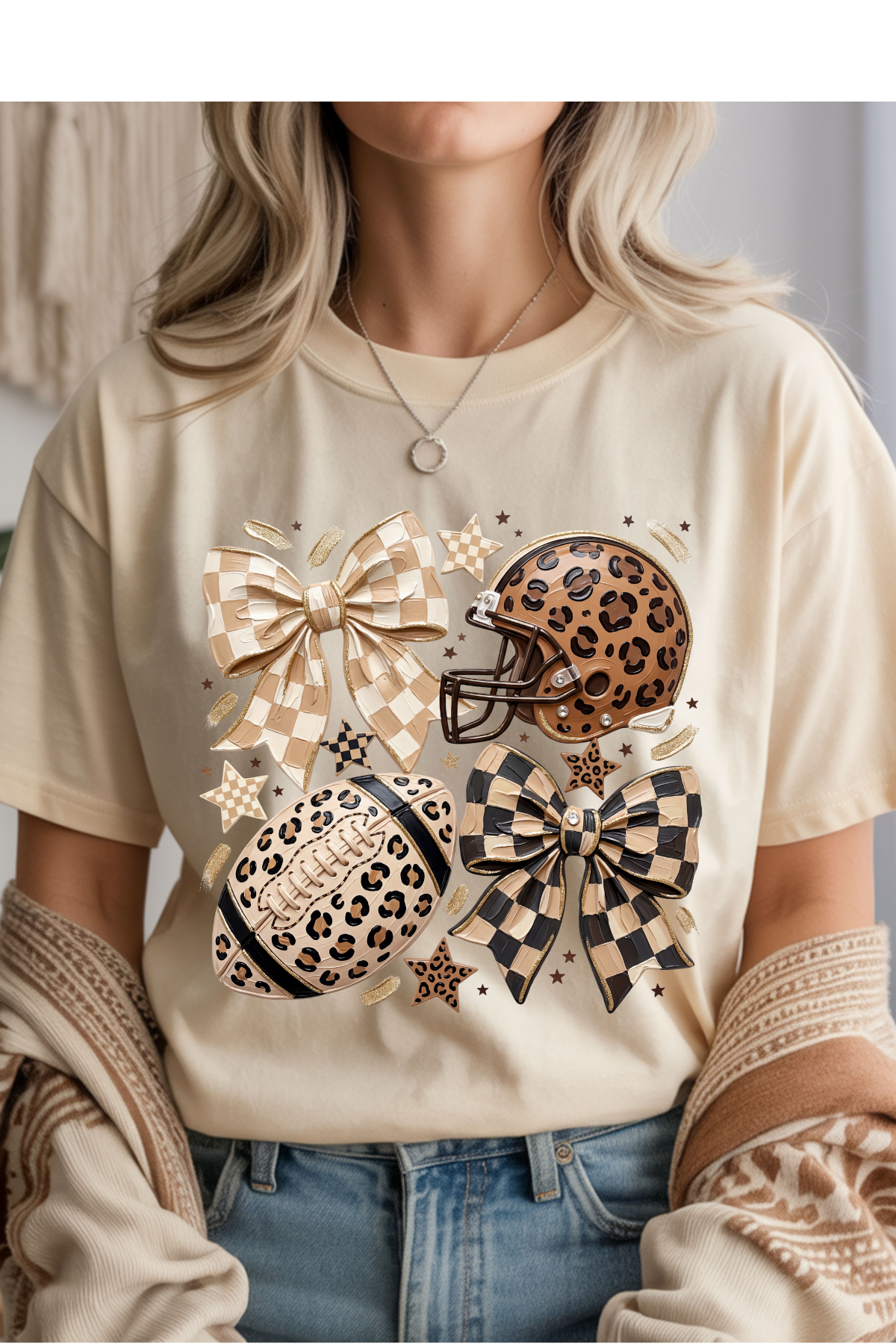 (8-3-26)Leopard Checkered Football Graphic Tee