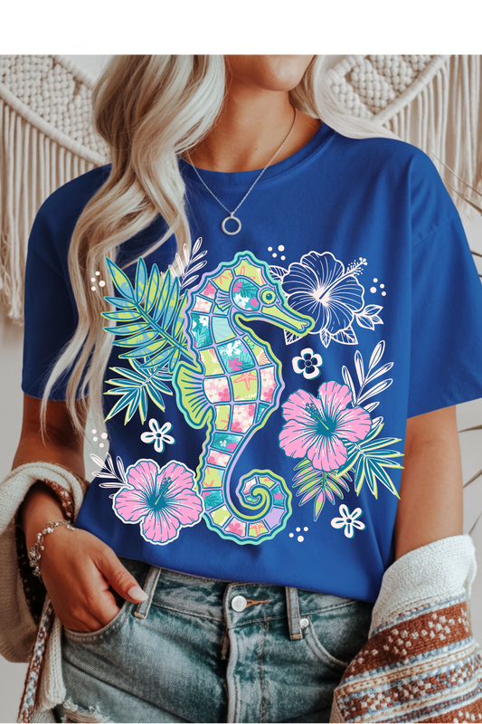 (5-18-26)Floral Seahorse Graphic Tee
