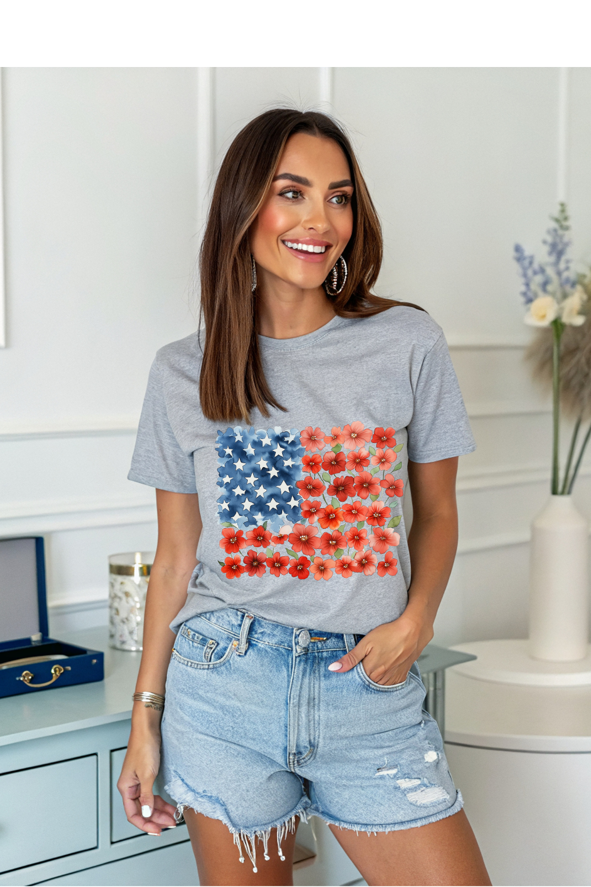 (6-1-26)Floral Flag Graphic Tee