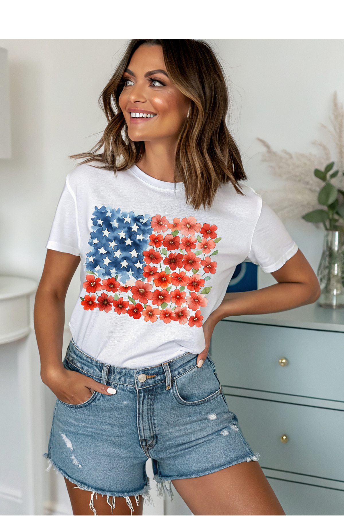 (6-1-26)Floral Flag Graphic Tee