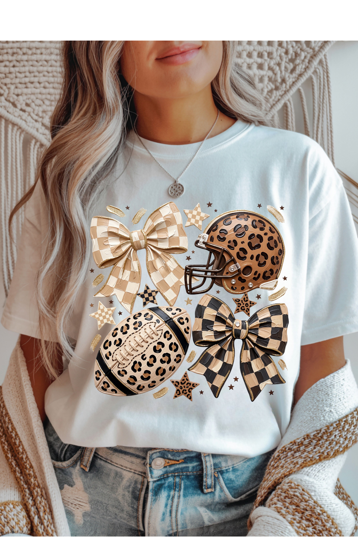 (8-3-26)Leopard Checkered Football Graphic Tee