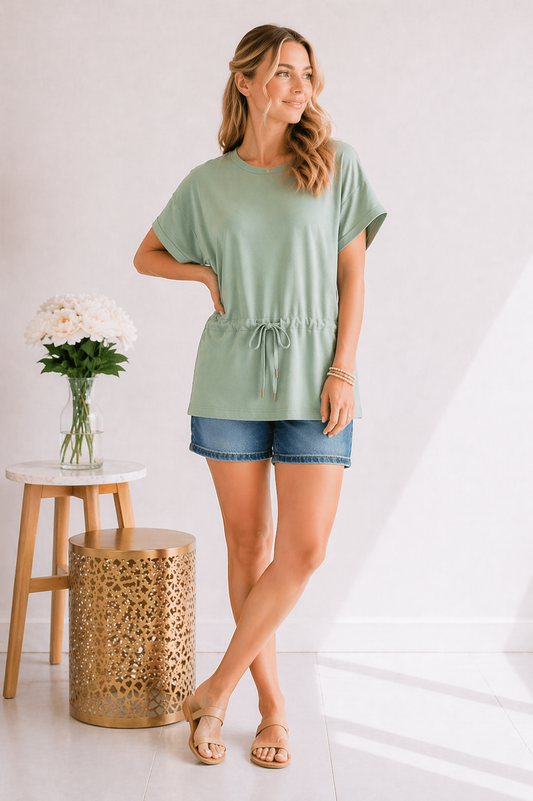 (5-6-26)Sage Ease Drawstring Top